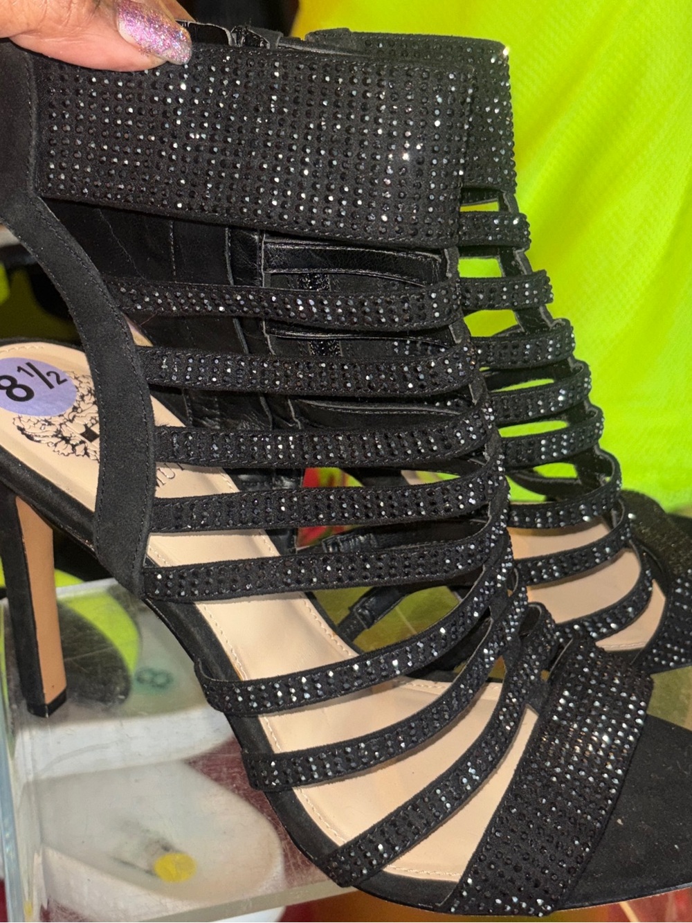 Vince Camuto Black Rhinestone Strappy Cage Heels